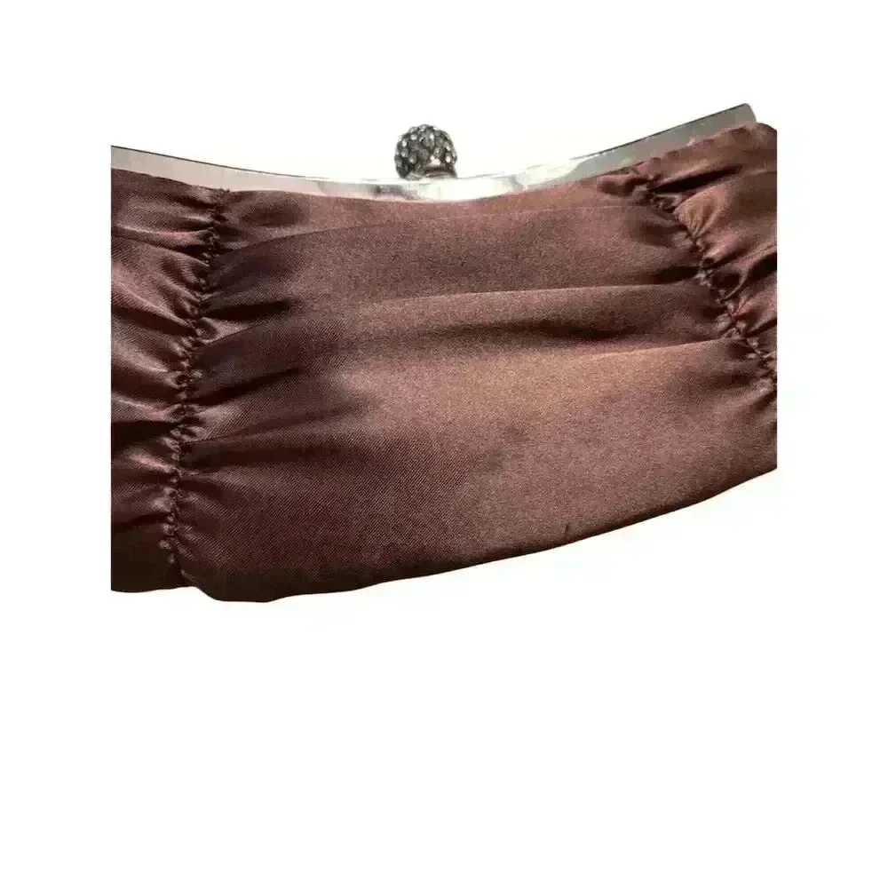 Vintage Brown Satin Clutch with Rhinestone Clasp Formal Bag - Picture 3 of 4